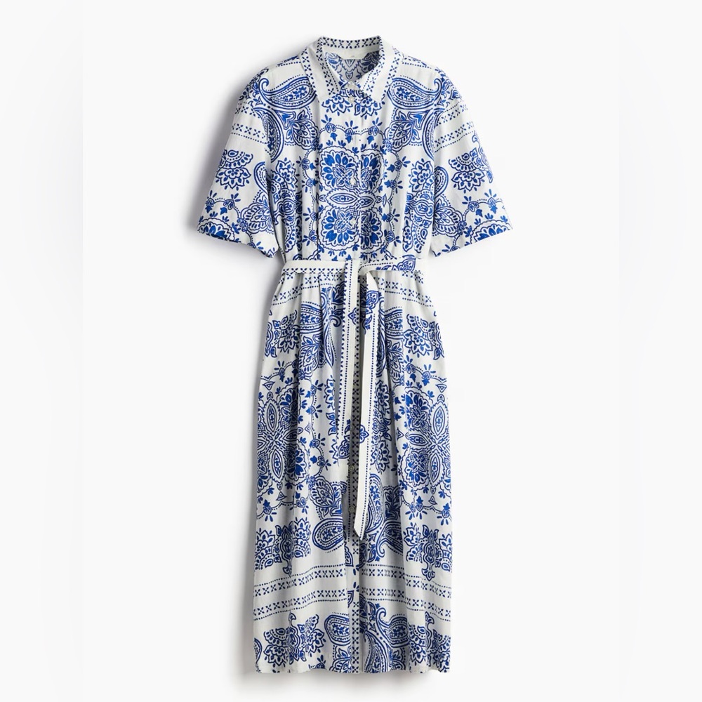H&M Linen Blend Blue and White Mosaic Midi Dress